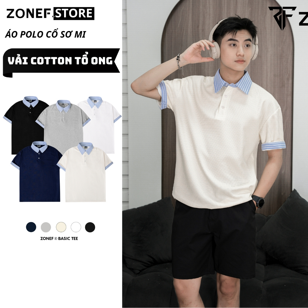Áo Polo Ngắn Tay Phối Sơ Mi Kẻ Sọc Xanh ZONEF STORE Áo Phông Vải Cotton Tổ Ong Cao Cấp Thoáng Mát Na