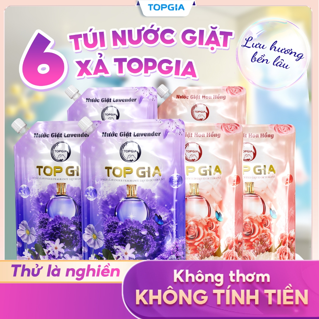 Túi nước giặt xả TOPGIA hương lavender, hoa hồng  dung tích 1L đánh bay vết bẩn, hương thơm mềm mại