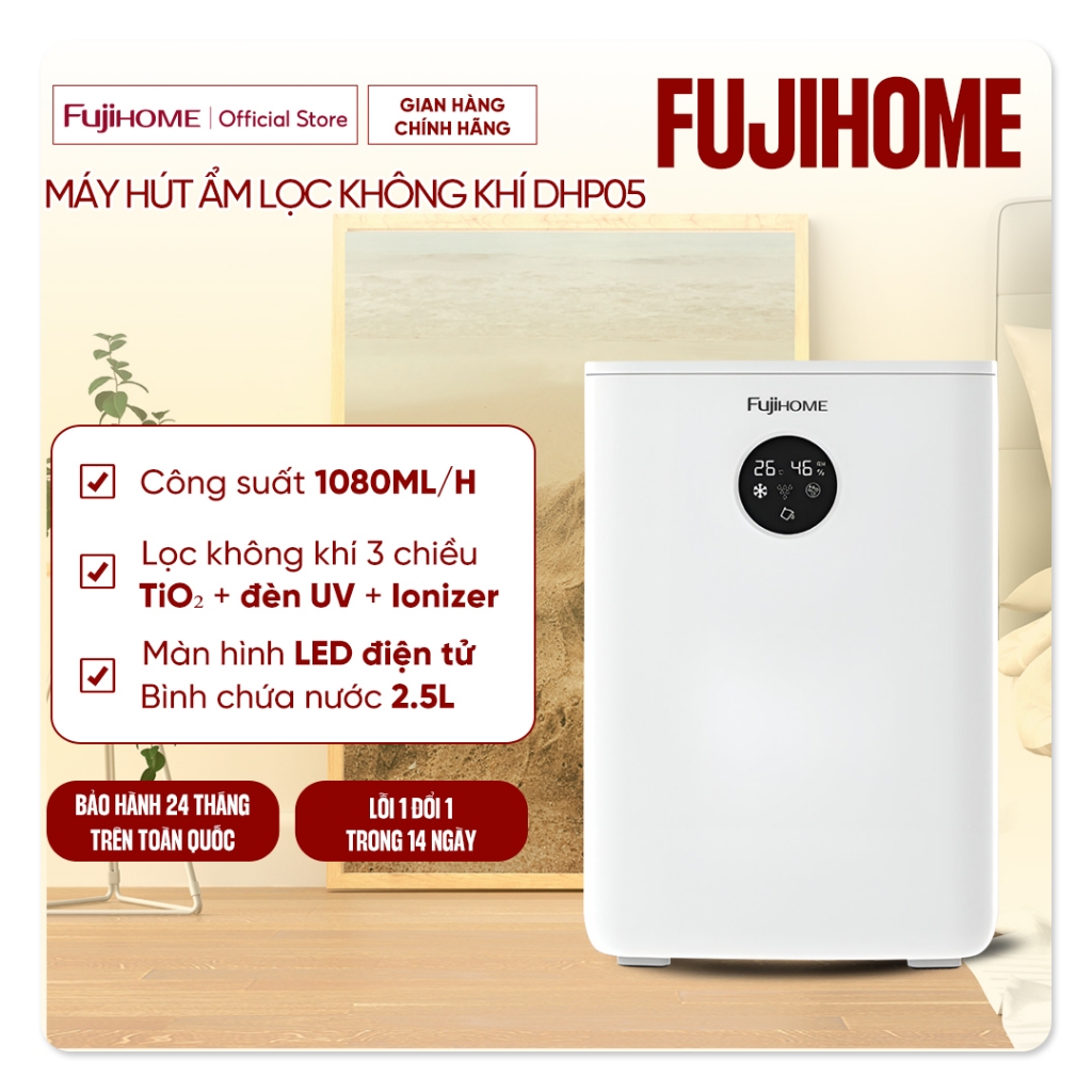 Máy hút ẩm không khí mini Fujihome DHP05-MINI 1080ml/ngày, lọc không khí Ion khử khuẩn UV phòng khách ngủ tủ quần áo