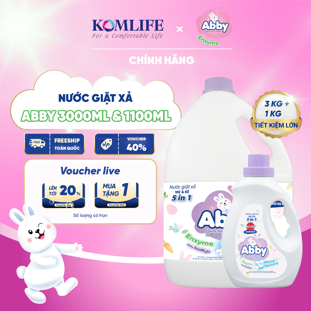 Combo Nước Giặt Xả ABBY Cho Mẹ Và Bé 3000ml + 1100ml Làm Sạch Dịu Nhẹ, An Toàn Với Công Nghệ Enzyme