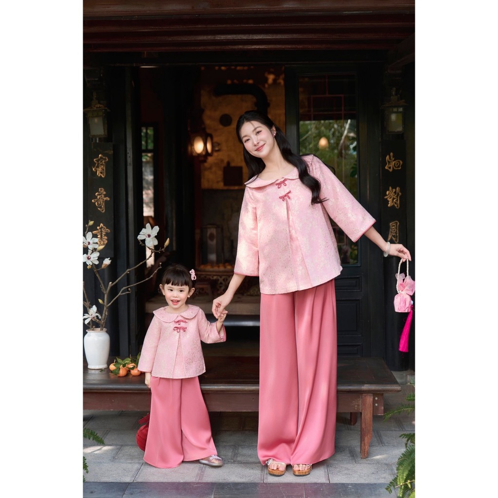 Set Áo Dài Bầu Mẹ & Bé Cách Tân JOAMOM "Thanh Dao" Gấm Tơ Hoa Cao Cấp Che Bụng Tinh Tế - JTAD079