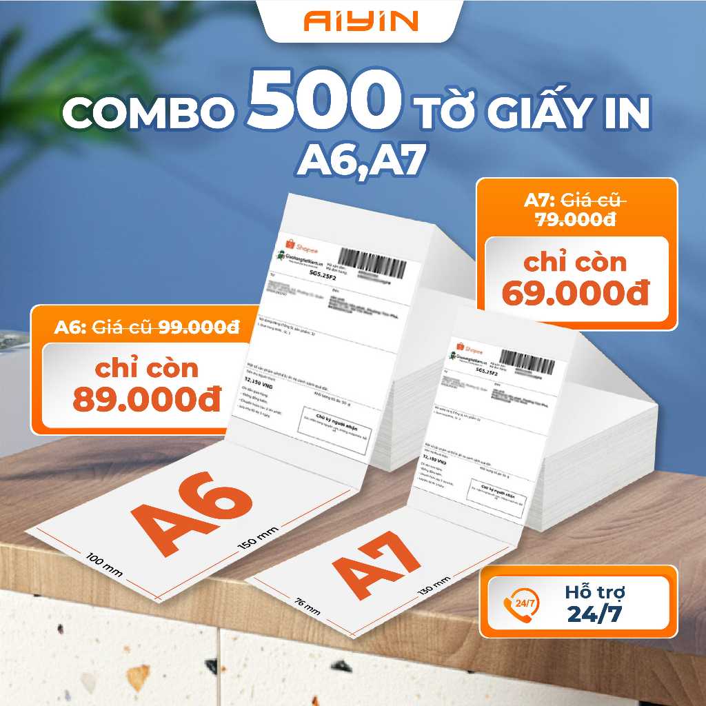 Giấy In Nhiệt Có Sẵn Keo Khổ A6, A7 Dạng Tệp 500 tờ, In Đơn Hàng TMĐT, Tem Nhã Vận Chuyển, Logo
