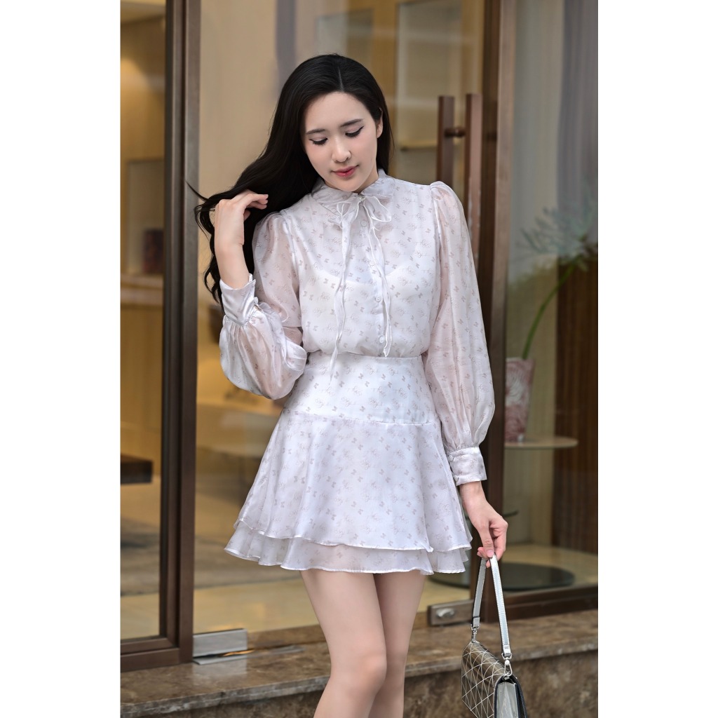 Set Áo sơ mi cổ đức tròn đính nơ họa tiết 2R05.2503OG, Chân váy pattern đổ hai tầng họa tiết 4R02.2503OG, set đồ nữ JM | BigBuy360 - bigbuy360.vn