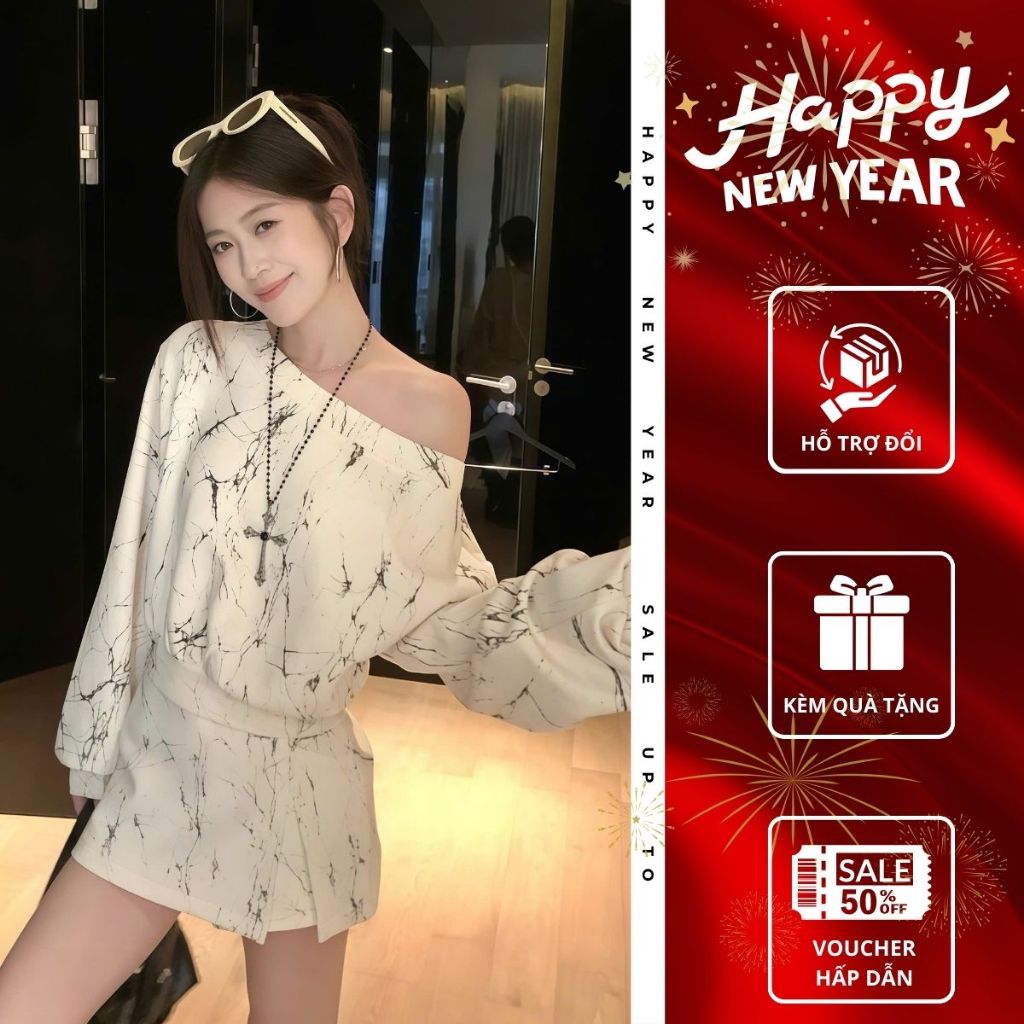 Set váy trễ vai hoạ tiết vân đá Emili Lux bộ áo croptop tay phồng và chân váy năng động cá tính B171