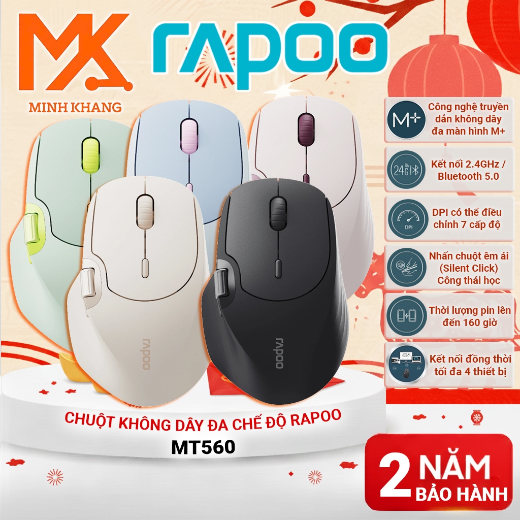 Rapoo MT560 Chuột Không Dây Đa Chế Độ – Bluetooth & 2.4GHz – Pin Sạc Lithium – DPI Tùy Chỉnh-4 Màu T
