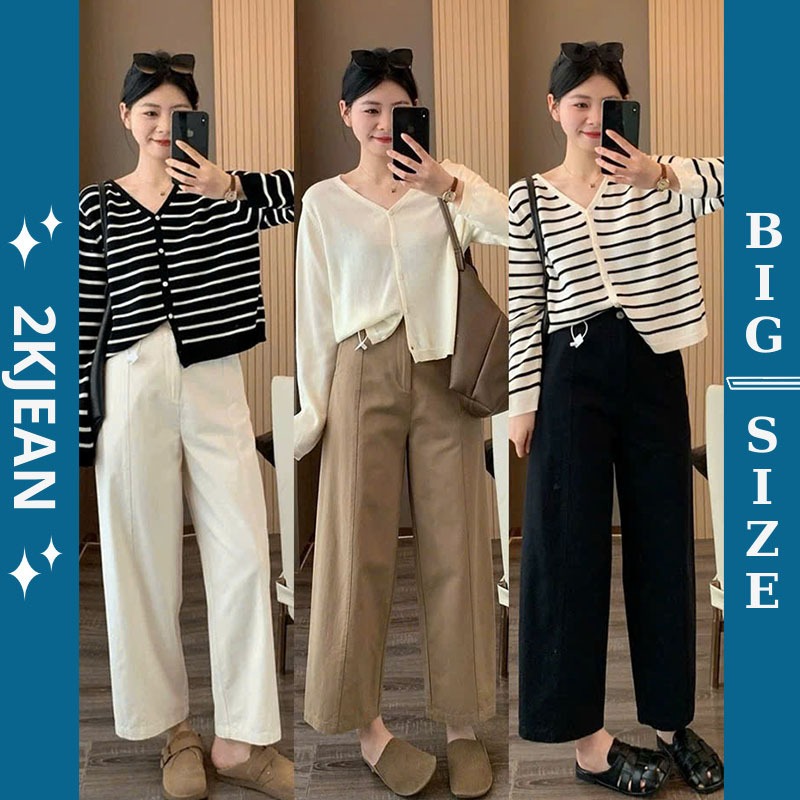 Quần suông ống rộng jean nữ trơn Bigsize 55-90kg, kiểu form boy thụng unisex hàng QC 2KJeans QC619