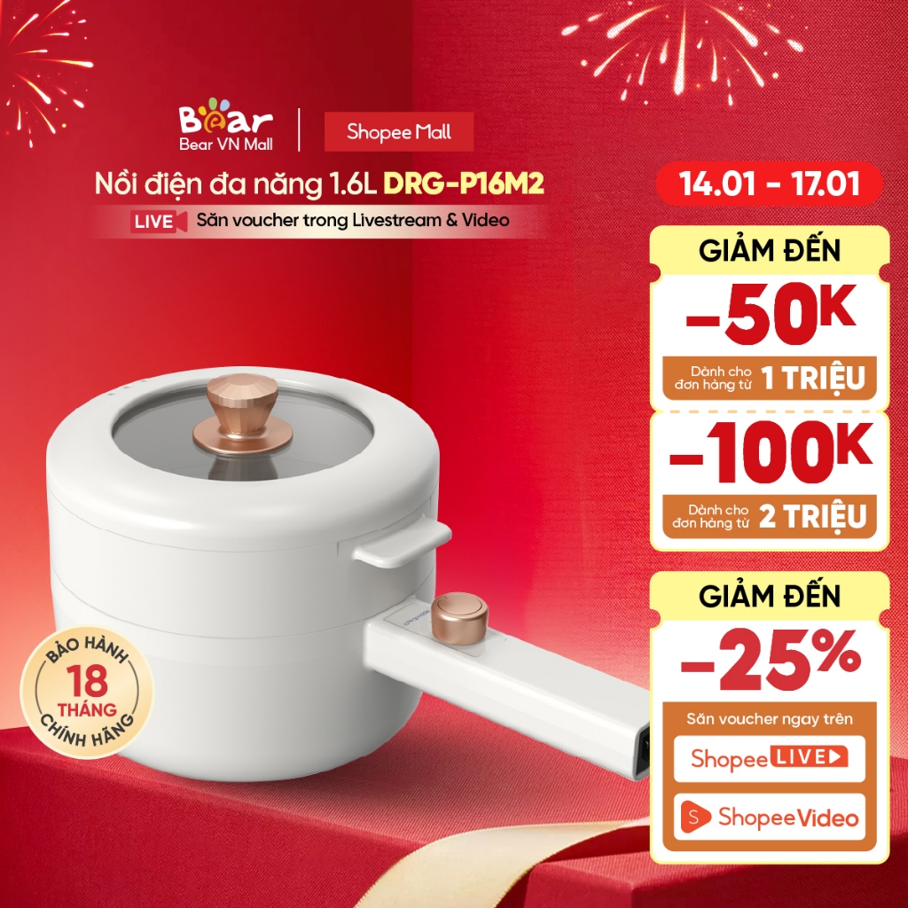 [Livestream] Nồi điện đa năng 1.6L Bear DRG-P16M2/ DRG-E15P2 (kèm khay hấp) - Chính hãng - BH 18 thá