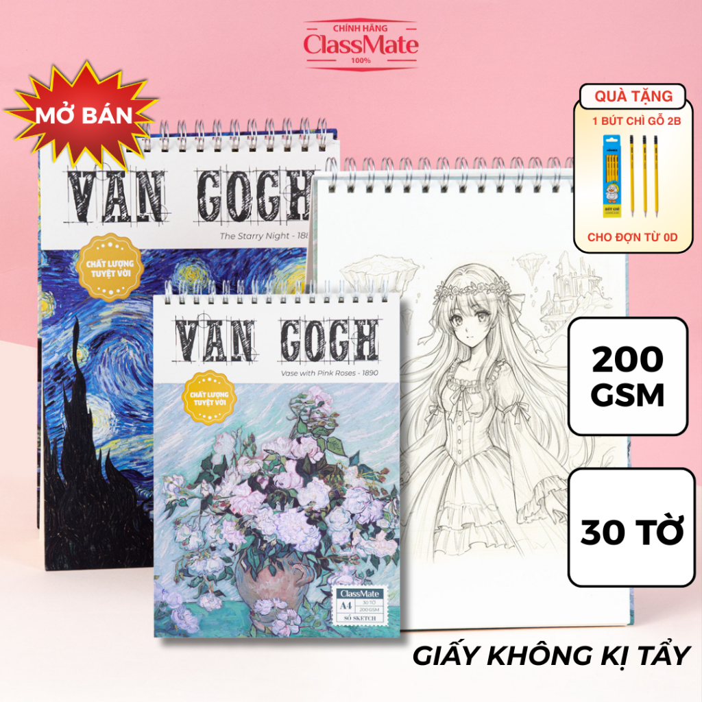 [TẶNG BÚT CHÌ] Sổ Vẽ Sketchbook VANGOGH 200gsm, Sổ Vẽ Không Kị Tẩy A4/A5 60 Trang Dùng Phác Thảo, In