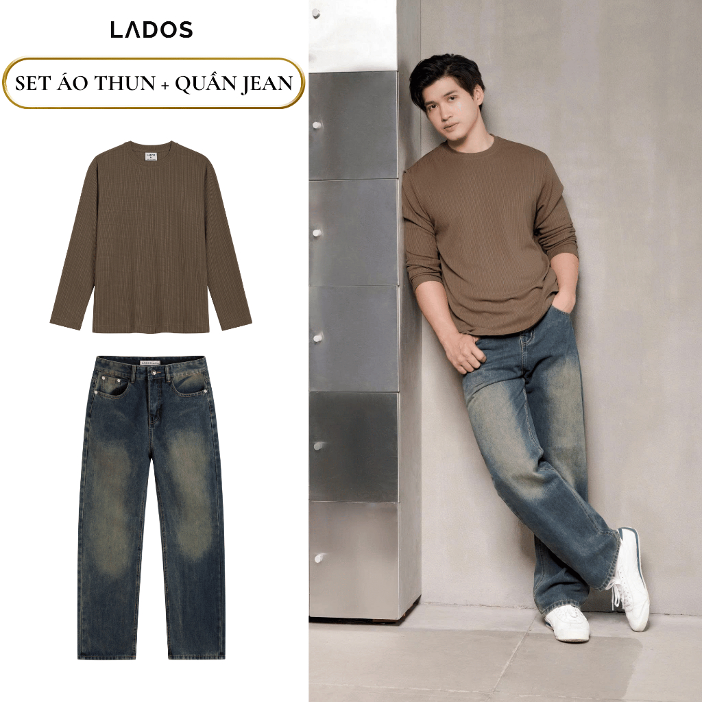 Combo áo thun gân dài tay quần jean suông basic LADOS-7167 Thanh Lịch, Trẻ Trung, Năng Động