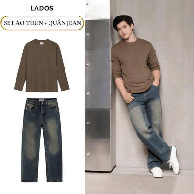 Combo áo thun gân dài tay quần jean suông basic LADOS-7167 Thanh Lịch, Trẻ Trung, Năng Động (Áo 9241 + Quần 4199)