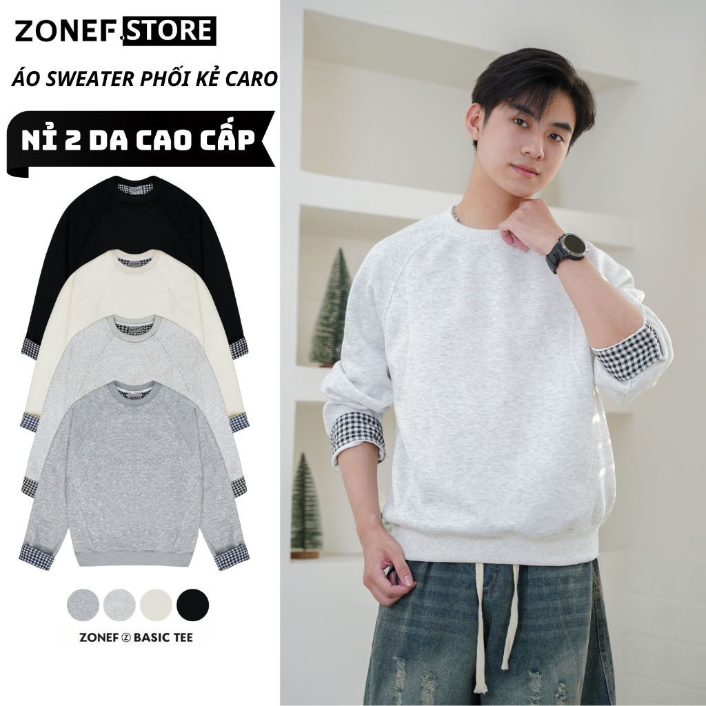 Áo Sweater Cổ Tròn Tay Dài Phối Kẻ Caro ZONEF STORE , Áo Thu Đông Chất Nỉ 2 Da Nam Nữ Form Rộng Unis