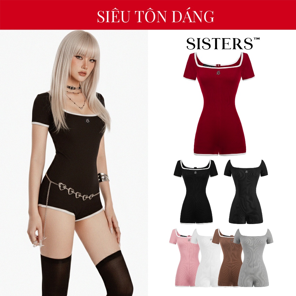 Jumpsuit nữ ngắn tay phối viền SISTERS logo inox ôm sát tôn dáng nhiều màu Bodysuit Hailey SIS-CLUB | SS-J5