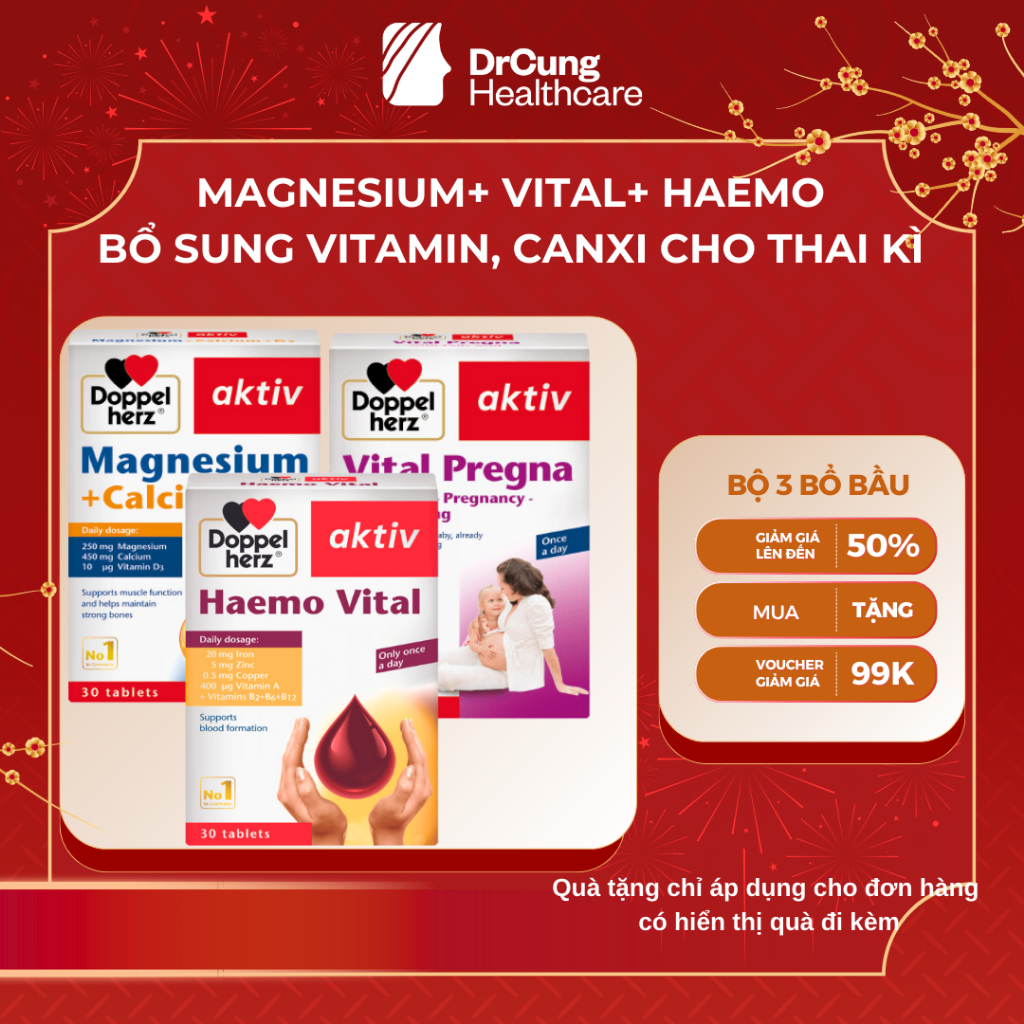 DR CUNG BỘ BA Vitamin Bầu VITAL PREGNA, MAGNESIUM CALCIUM D3, HAEMO VITAL - Vitamin Tổng Hợp, Canxi,