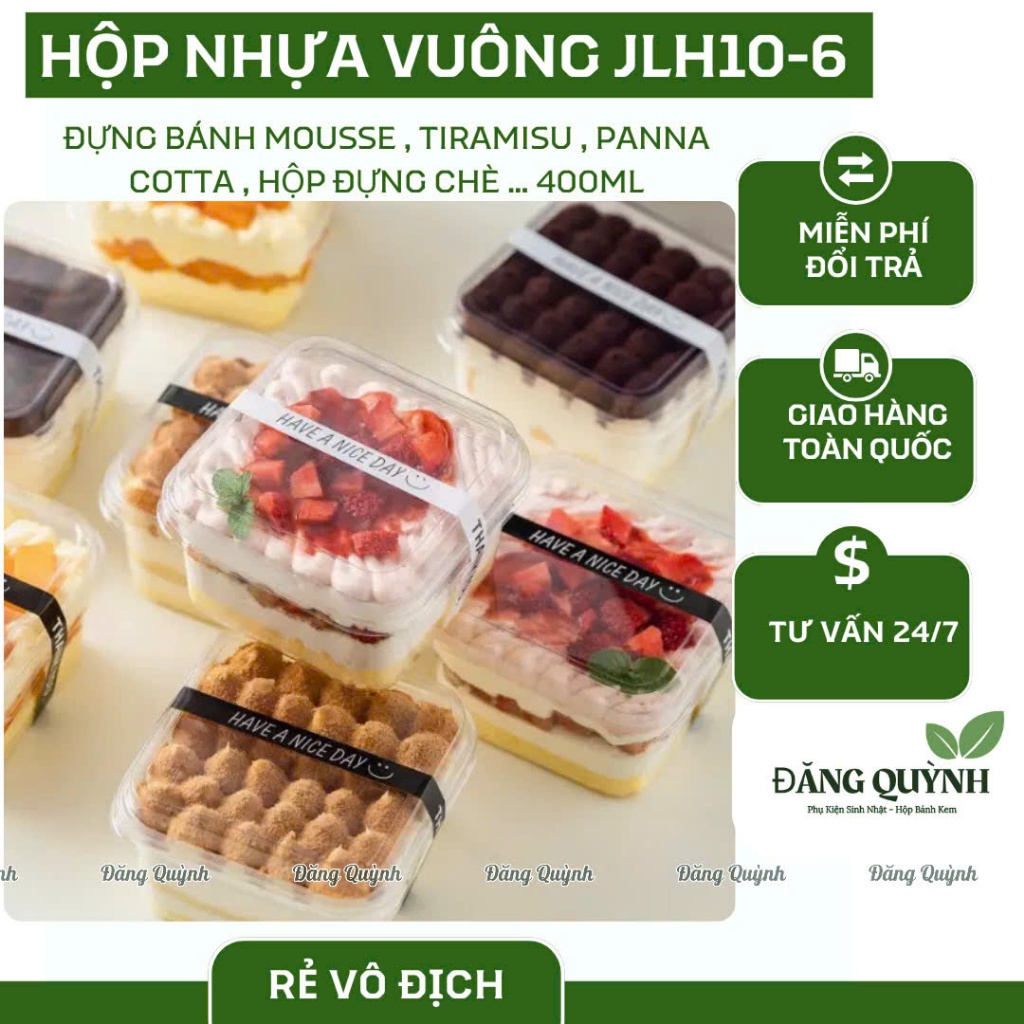 100 HỘP NHỰA VUÔNG JLH10-6 ĐỰNG BÁNH MOUSSE, TIRAMISU, PANNA COTTA 400ML | ĐĂNG QUỲNH