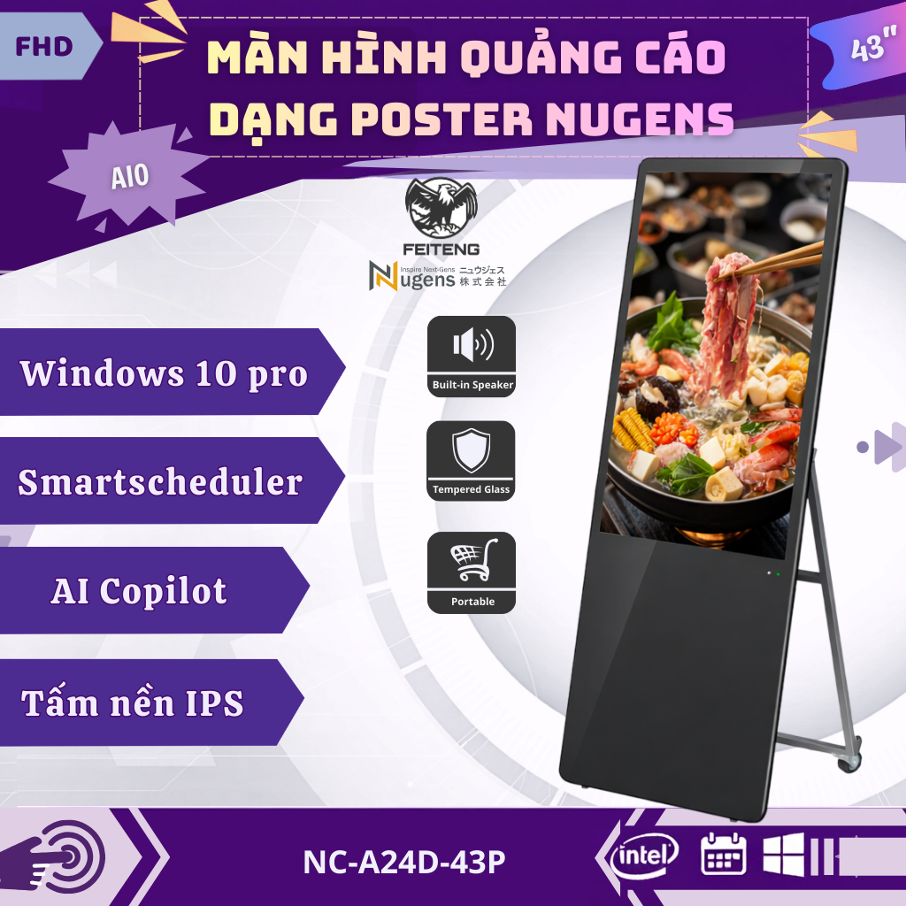 Màn hình kỹ thuật số dạng Poster 43" Nugens| Hệ điều hành windows-Celeron J6412, viền đen sang trọng