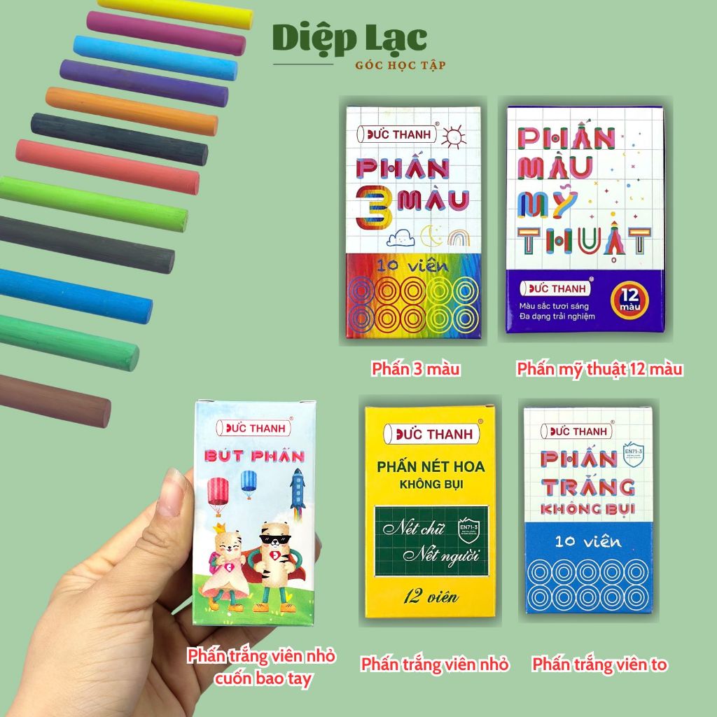 (5-3h) Tổng hợp Phấn viết bảng nét hoa ko bụi luyện chữ đẹp (phấn trắng/ phấn màu) Đức Thanh/ Mic