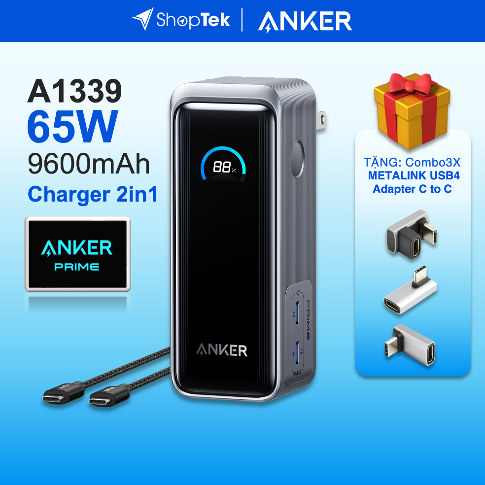 ANKER Prime Fusion A1339 Sạc dự phòng 65W 9600mah kiêm cốc sạc nhanh, kèm cáp Type C | Bản Quốc tế
