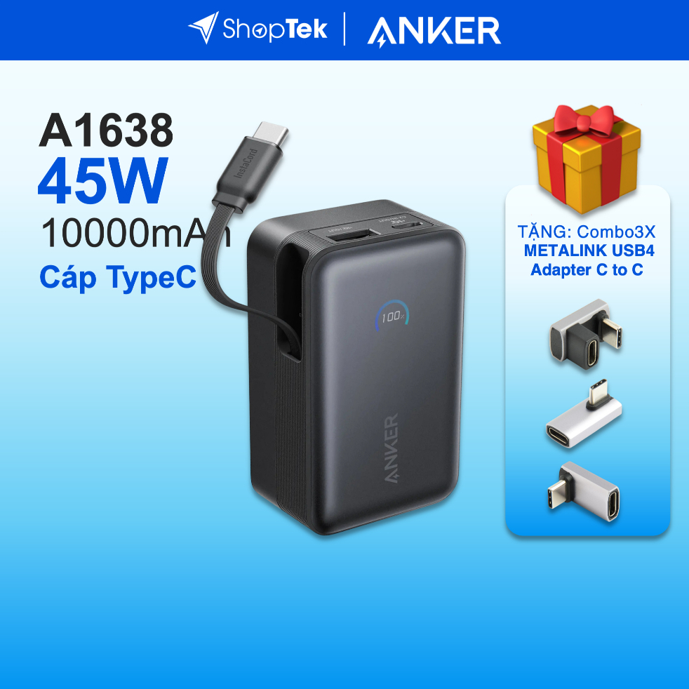ANKER Nano A1638 Sạc dự phòng 2C1A 45W 10000mah tích hợp cáp Type-C rút gọn 70cm | Bản Quốc tế