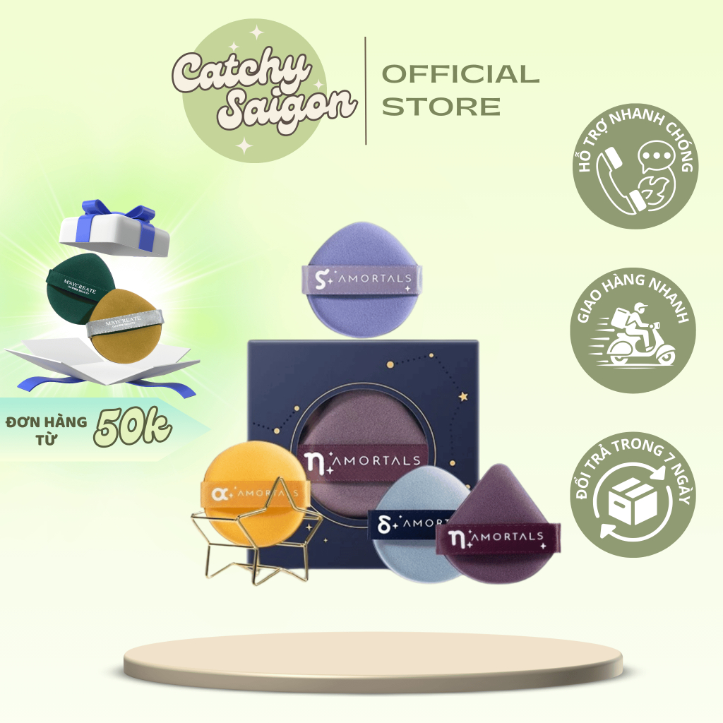 [AMORTALS] Set 4 Bông Mút Trang Điểm AMORTALS Ngôi Sao Kèm Giá Để, Bông Mút Tán Kem Nền