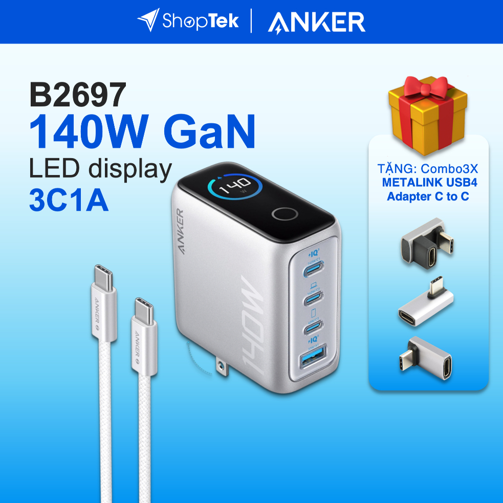 ANKER Zolo B2697 Bộ sạc nhanh 3C1A 140W kèm cáp type-C, màn hình LED, sạc 4 thiết bị | Bản Quốc tế