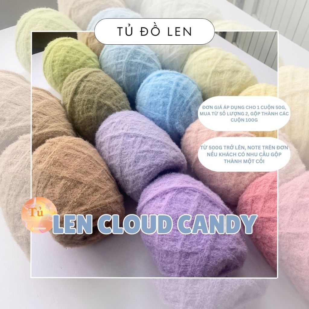 [Mua từ 2, gộp thành cuộn 100g] Len cloud candy chập 6 sợi bông mềm mại đan móc khăn