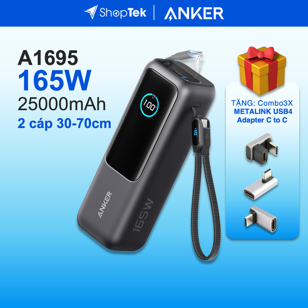 ANKER Zolo A1695 Sạc dự phòng 165W 25000mah | 2 cáp TypeC rút gọn, sạc 4 thiết bị | Bản Quốc tế