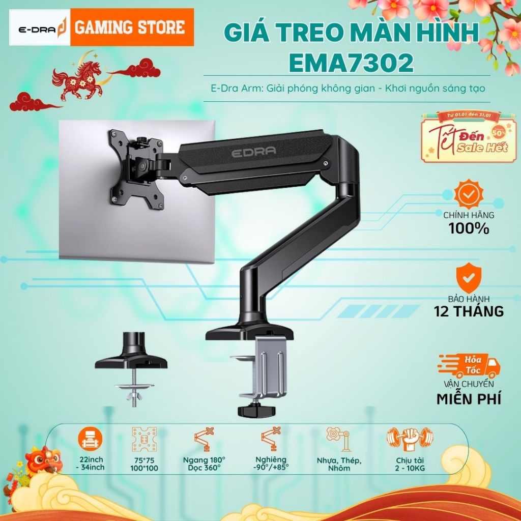 Giá Đỡ Tay Treo Màn Hình Arm EMA7302 PISTON KHÍ Màn 22-34inch,kẹp/xuyên bàn, chuẩn VESA Chính Hãng