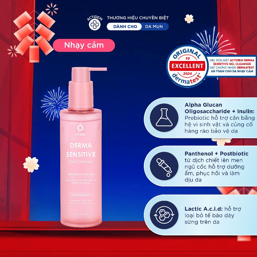 Gel rửa mặt dành cho da khô, nhạy cảm Actidem Derma Sensitive Gel Cleanser 200ml