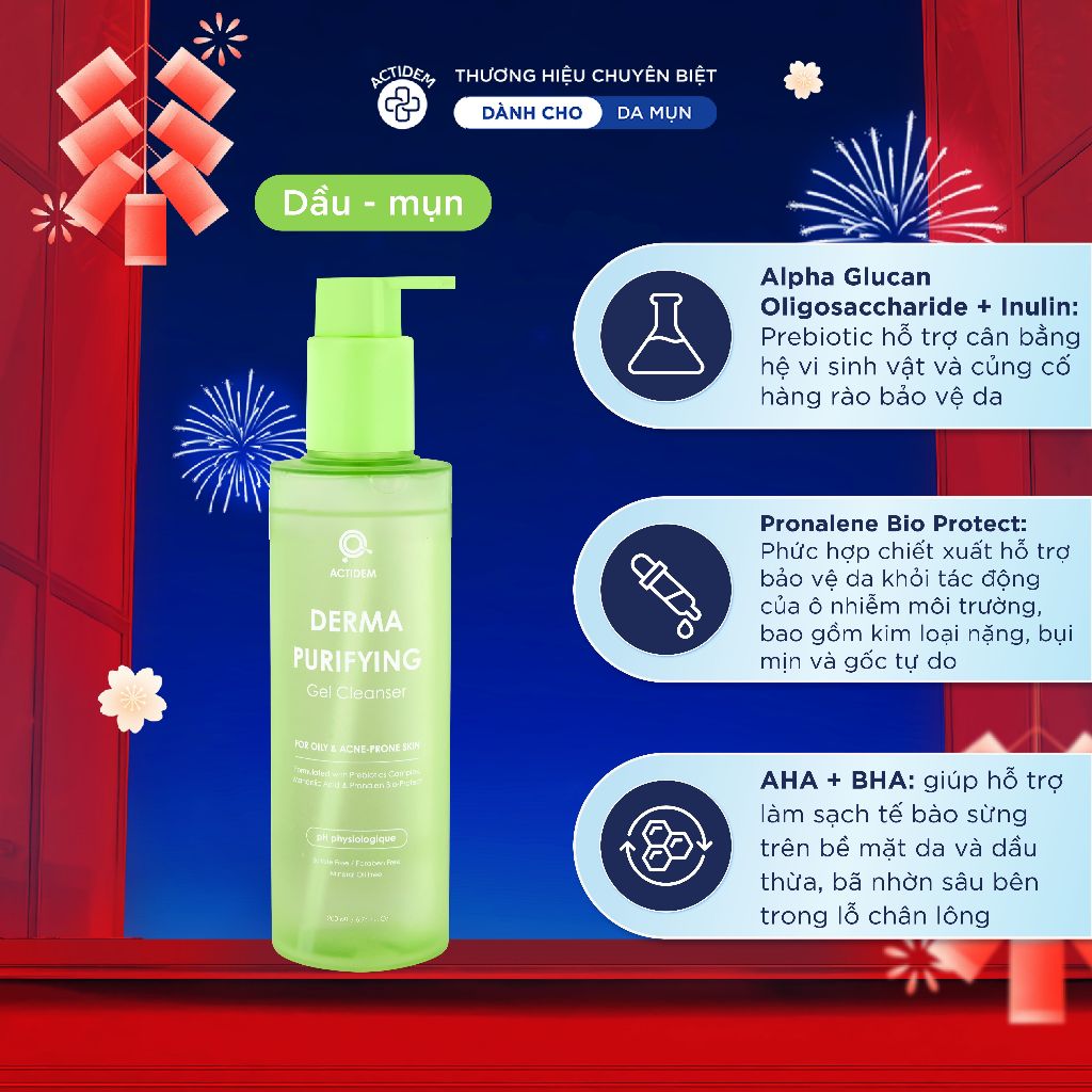 Gel rửa mặt dành cho da dầu mụn, nhạy cảm Actidem Derma Purifying Gel Cleanser 180/200ml