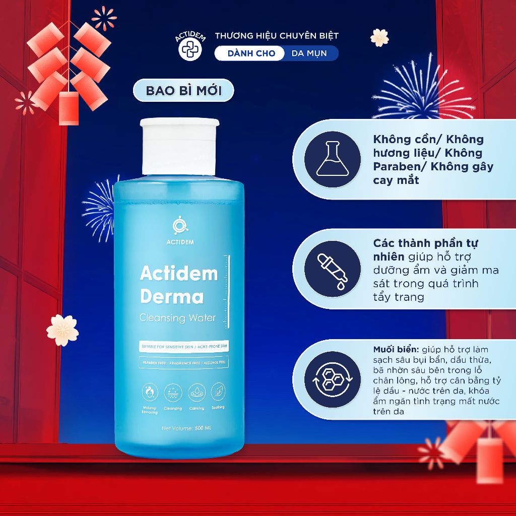 Tẩy trang không cay mắt Actidem Derma Cleansing Water cho da mụn, nhạy cảm 50/480/500ml