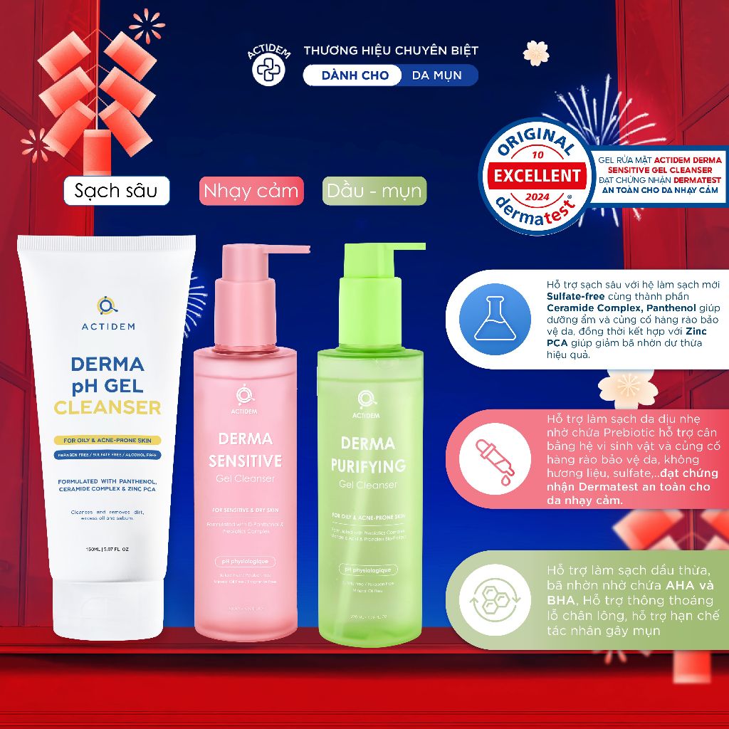 Gel rửa mặt ngừa mụn cho da dầu, nhạy cảm, da hỗn hợp Actidem Derma pH/Sensitive/Purifying Gel Clean