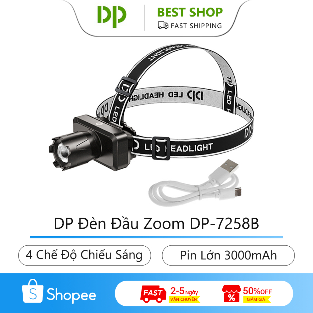 DP Đèn Đầu Zoom DP-7258B Hiển Thị 4 Cấp Pin 4 Chế Độ Chiếu Sáng  Pin 3000mAh Siêu Nhẹ 120g