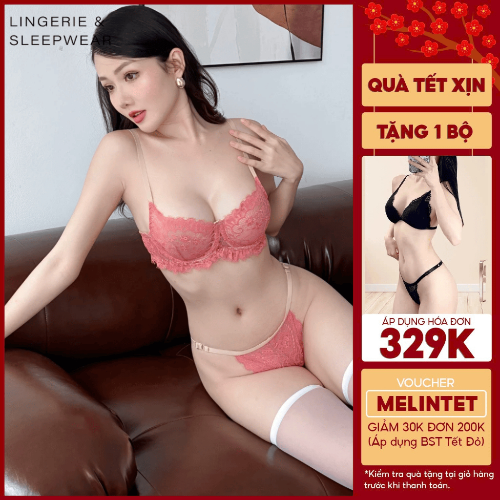 [OULET T11] Bộ quần áo lót ren có gọng xuyên thấu 1 lớp có gọng quần dây gợi cảm màu hồng cam tươi t