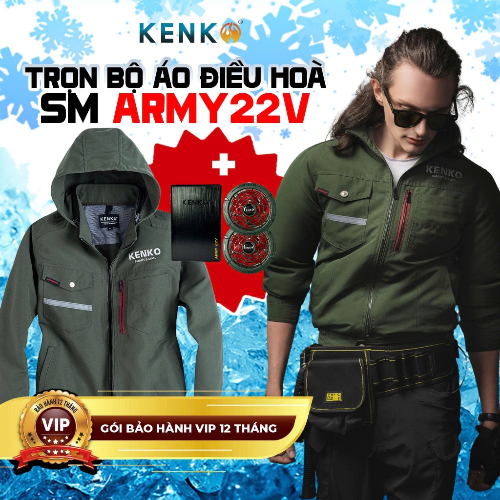 Bộ áo điều hòa gắn quạt KENKO 22V ARMY, quạt không chổi than,gió mạnh,pin cao áp,BH 12 tháng