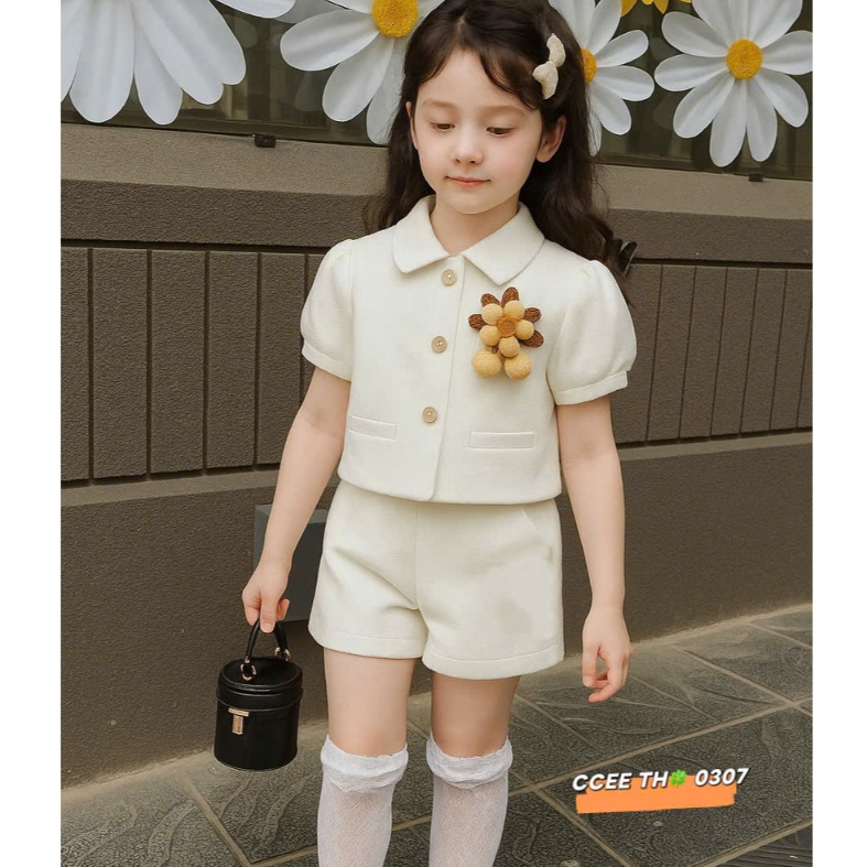 SET Dạ trắng Tết cổ lá cúc ngọc sang chảnh,cài hoa tháo rời, vải xước tiểu thư 2 lớp cho bé gái từ 1
