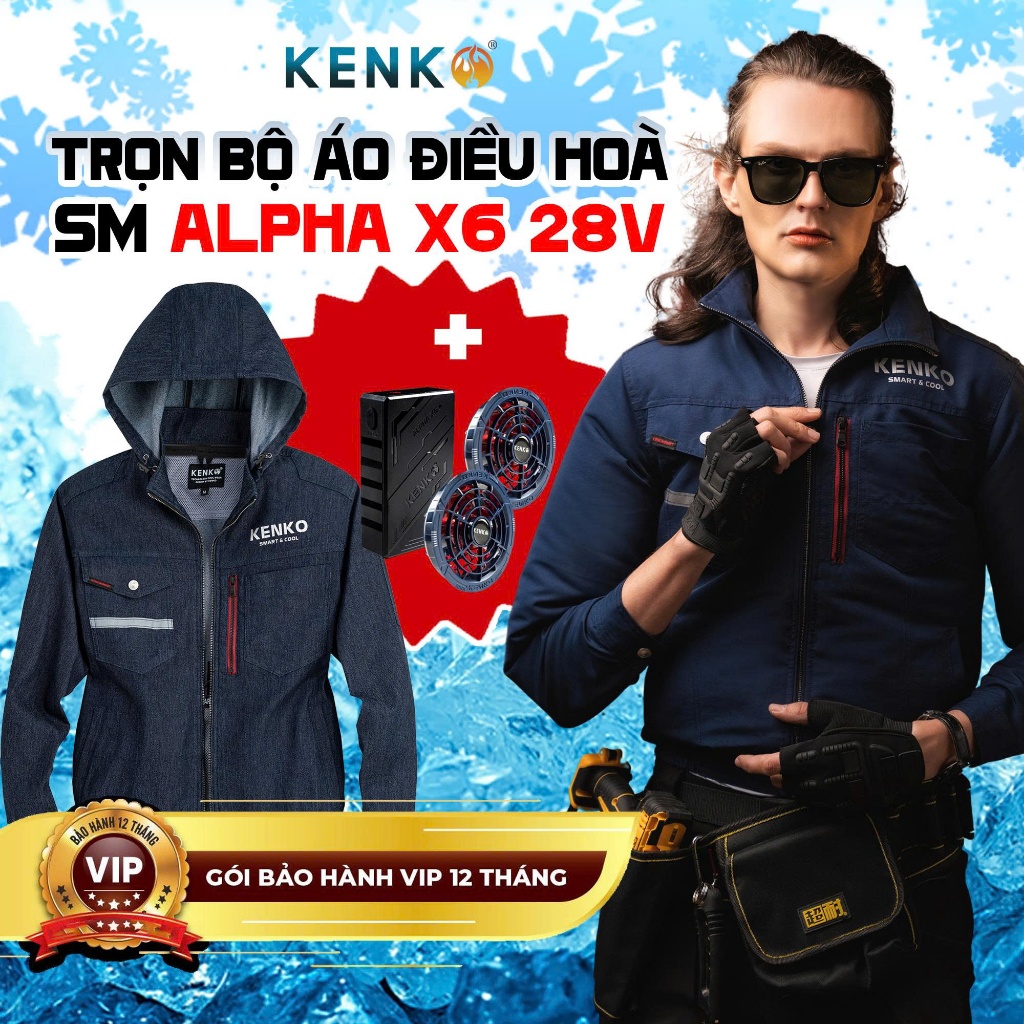 Bộ áo quạt điều hòa KENKO ALPHA X6 28V siêu mạnh pin chống nước ipx4,quạt cánh dẻo BH 12 tháng
