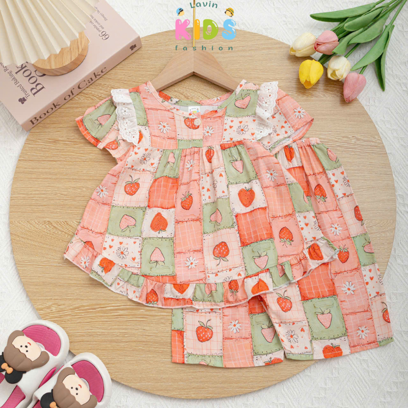 Bộ tole lanh quần lửng áo ngắn phối ren cho bé gái size 6-18kg- Lavin Kids