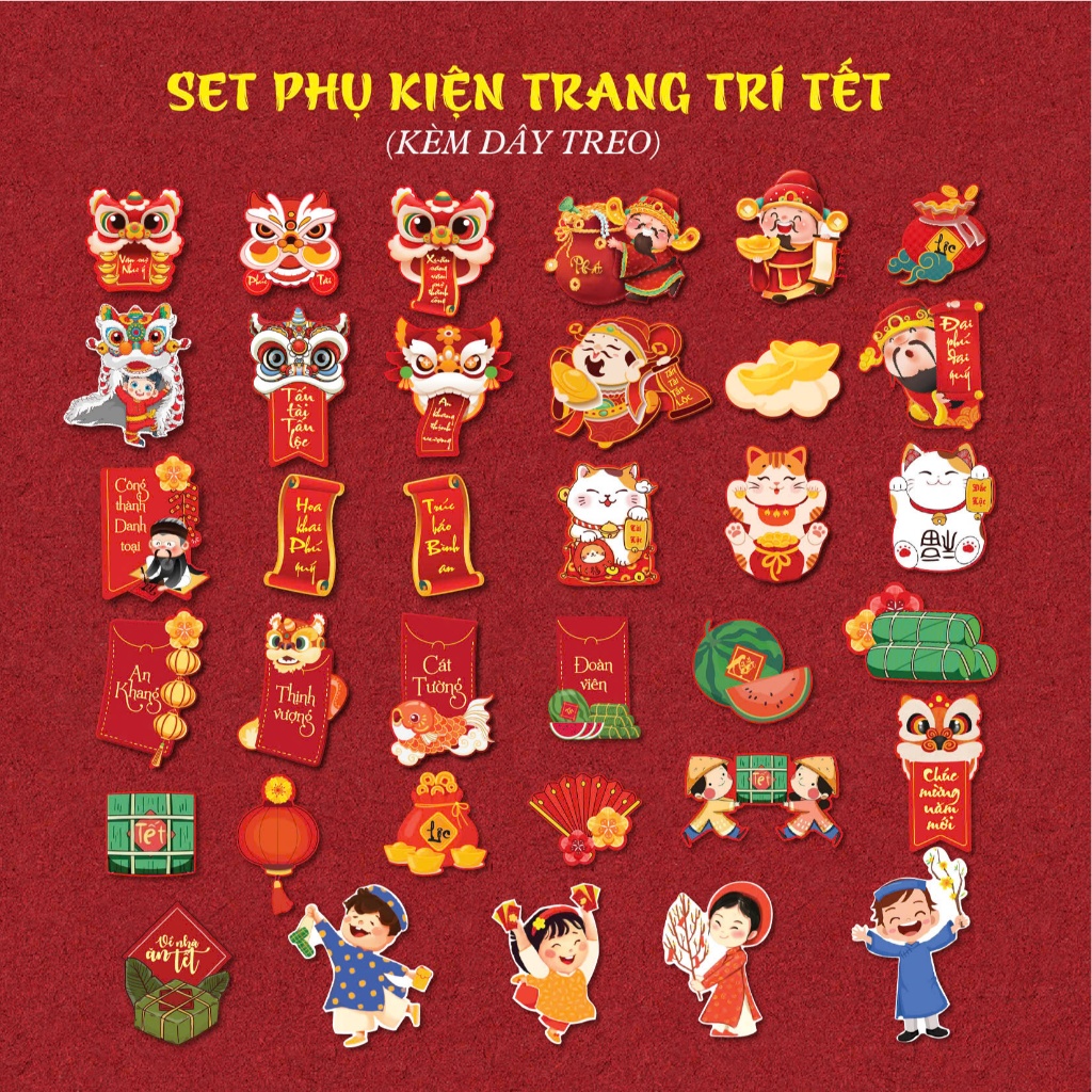 Combo 35 tag treo trang trí decor Tết trang trí năm mới móc treo cây mai cây đào cành đào đông đỏ rẻ quạt