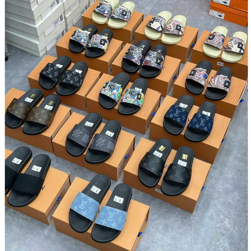 Dép Nam LV Quai Ngang Chất Liệu Da Cao Cấp, Dép Lê L.V Đế 2 Lớp Hàng QC Fullbox