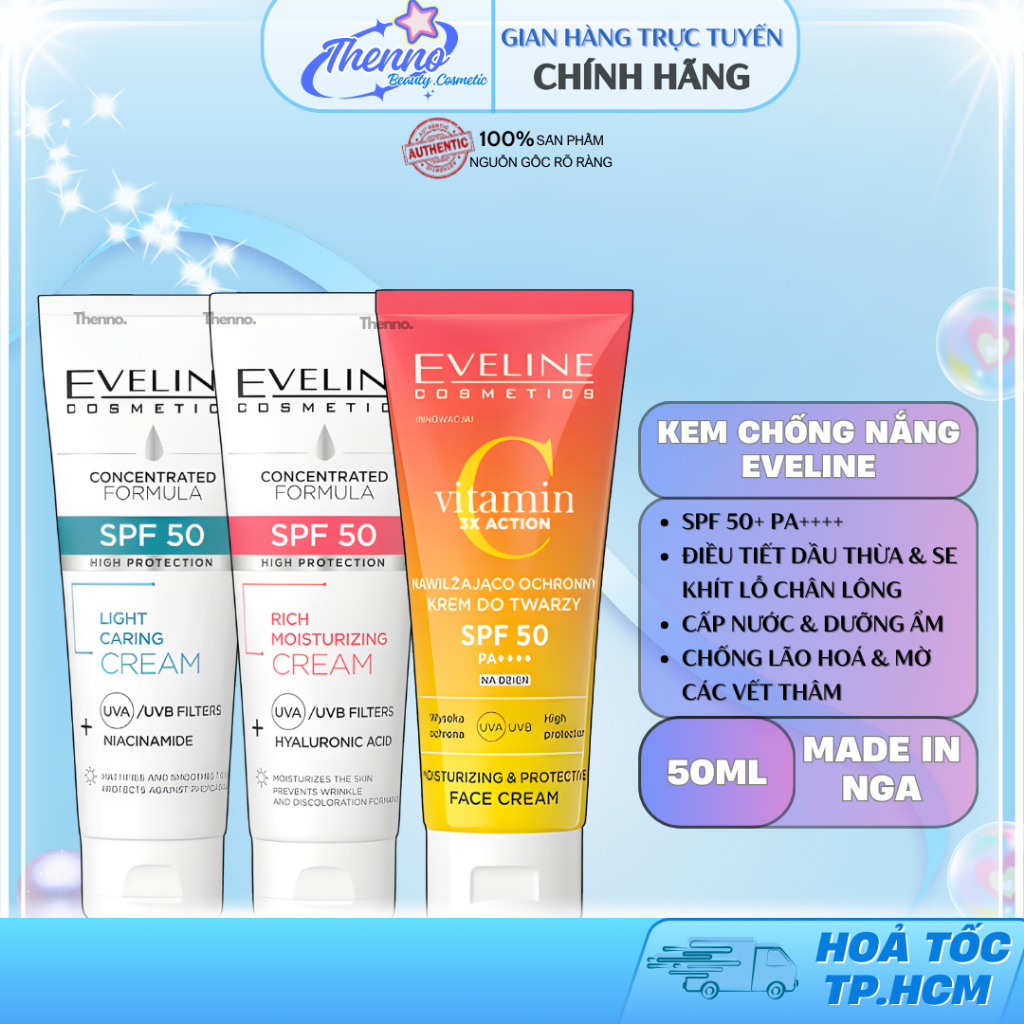 Kem Chống Nắng Kiềm Dầu Dưỡng Trắng Eveline Vitamin C 3X Action SPF50 PA++++ 50ml
