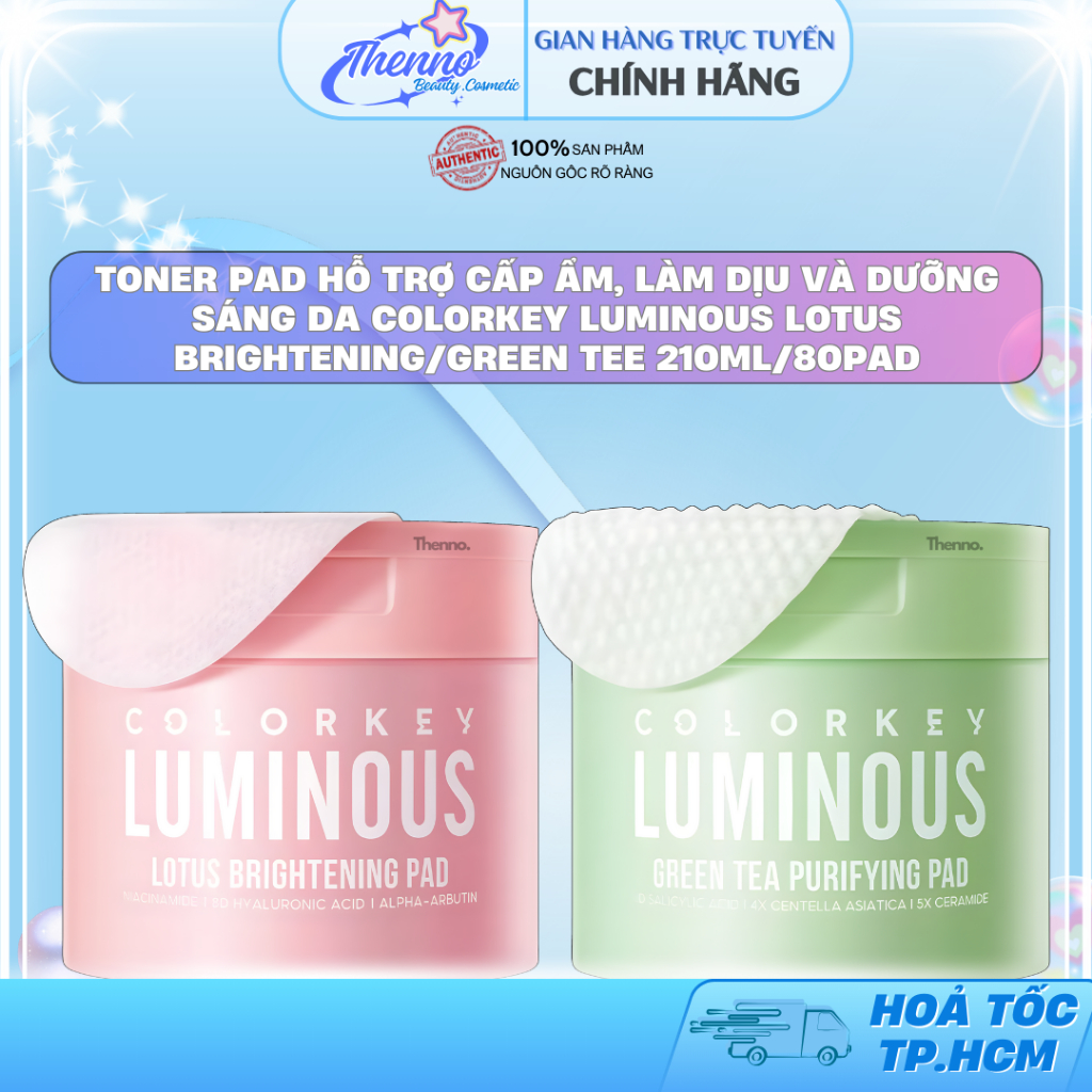 Toner Pad Hỗ Trợ Cấp Ẩm, Làm Dịu và Dưỡng Sáng Da Colorkey Luminous Lotus Brightening/Green Tee 210m