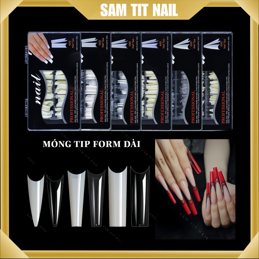Móng tip form dài vuông-nhọn-thang cao cấp hộp 480tip