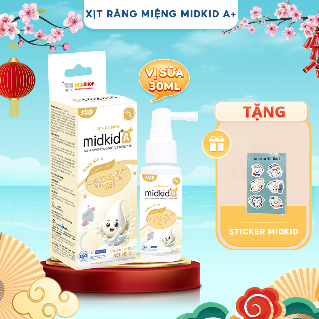 Xịt chống sâu răng Midkid A+ cho trẻ từ 3 tháng giúp ngừa sâu răng, tưa nấm lưỡi, sạch thơm miệng, nuốt an toàn, lọ 30ml