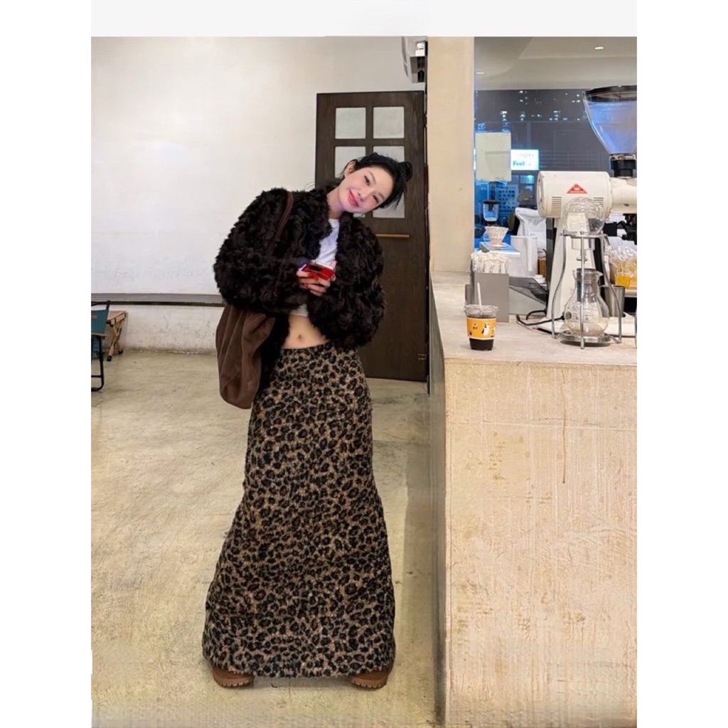 [QCCC, Full lót] Chân váy bông da báo. Chân váy báo lông xẻ tà sau / Chân váy dài / Chân váy beo