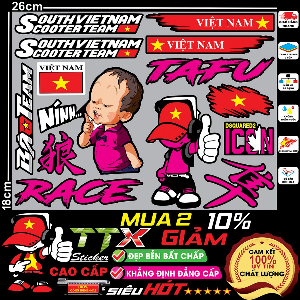 tem decal sticker team việt nam bé nín thần thái dán xe điện chống nước - Miếng dán hình icon logo n