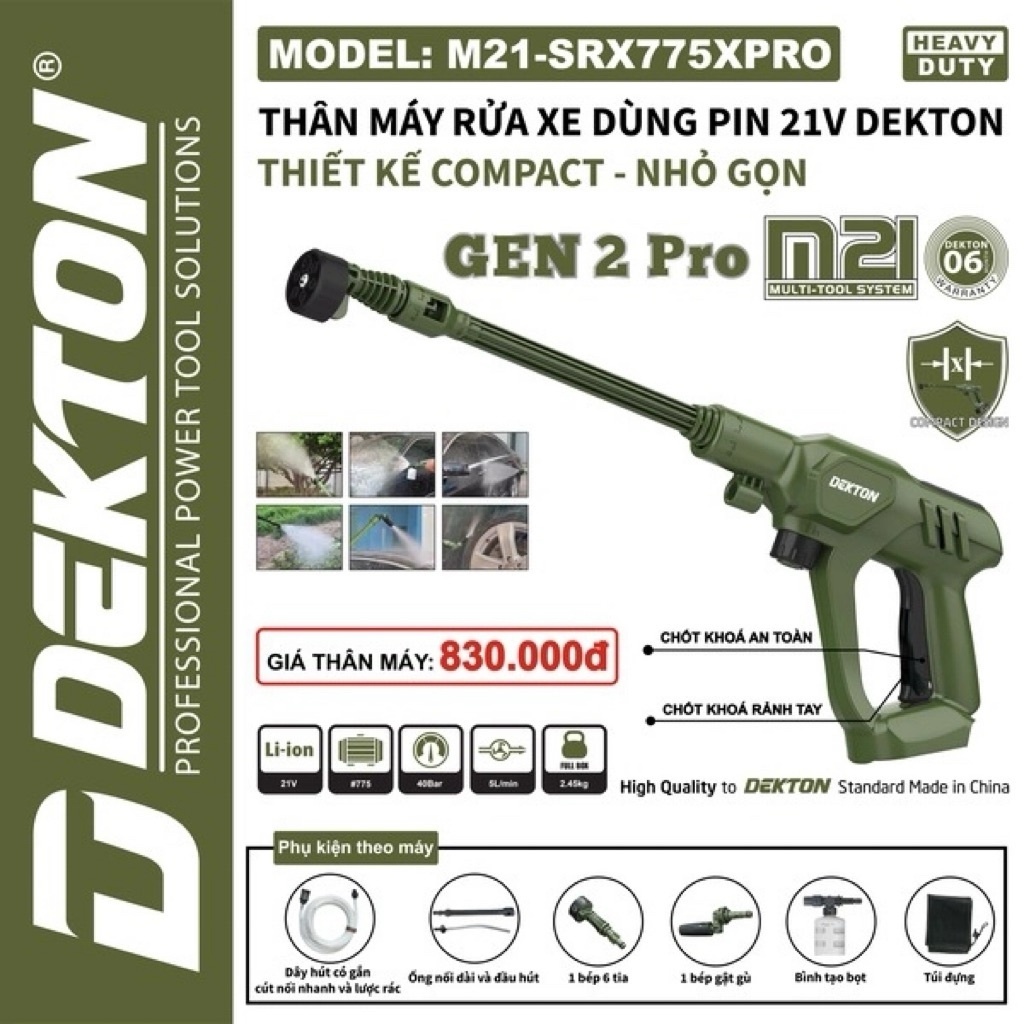 Sung rửa xe dùng pin DEKTON M21-SRX775XPRO – 21V, Motor 775, 40Bar, 5L/phút (Chưa pin & sạc)