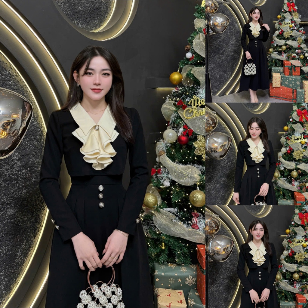 2VK102 - Váy Thiết Kế Eviici dành cho nữ, thiết kế cổ V bẻ phối viền bèo trước ngực, dáng A xòe dài