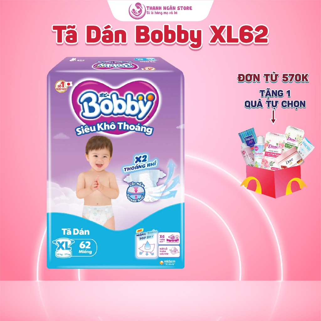 Tã Dán Bobby Siêu Khô Thoáng Size XL62 Cho Bé Từ 12 Đến 17 Kg  - Tã Dán Bobby Cải Tiến Mới - Thanh N