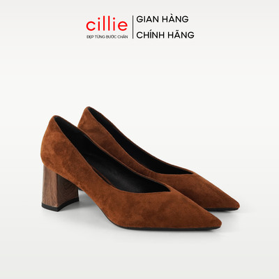 Giày Cao Gót Nữ Cillie Đế Vuông Vân Gỗ Cao 7cm Mũi Nhọn Da Lộn Cao Cấp Lót Êm Mềm Không Đau Mỏi Chân CG47