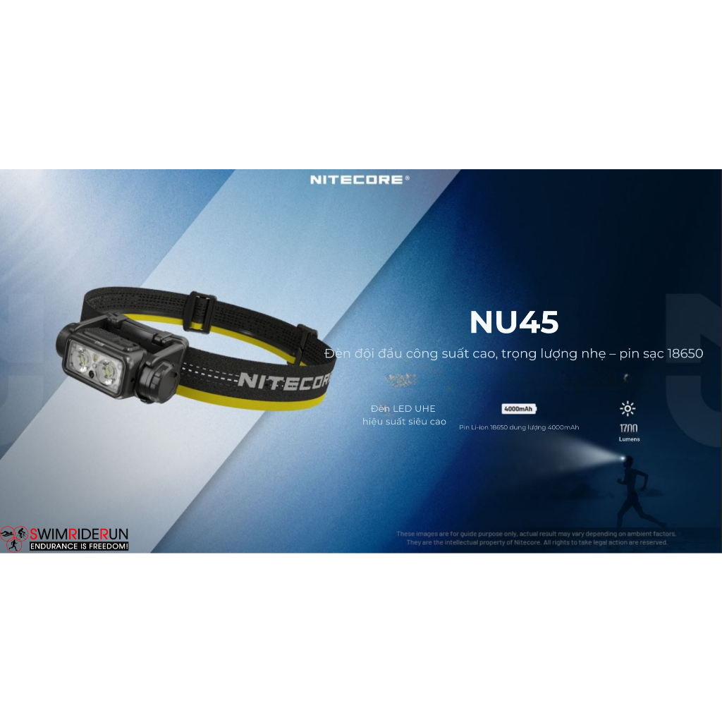 Đèn đội đầu NITECORE NU45-1700lm chiếu xa 172m pin 18650 4000mAh nhẹ 126gr chuyên cho chạy trail